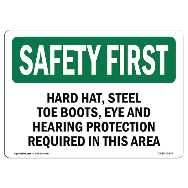 OSHA, Hard Hat Steel Toe Boots Eye & Hearing, 24in X 18in Rigid Plastic, 24" W, 18" H, Landscape